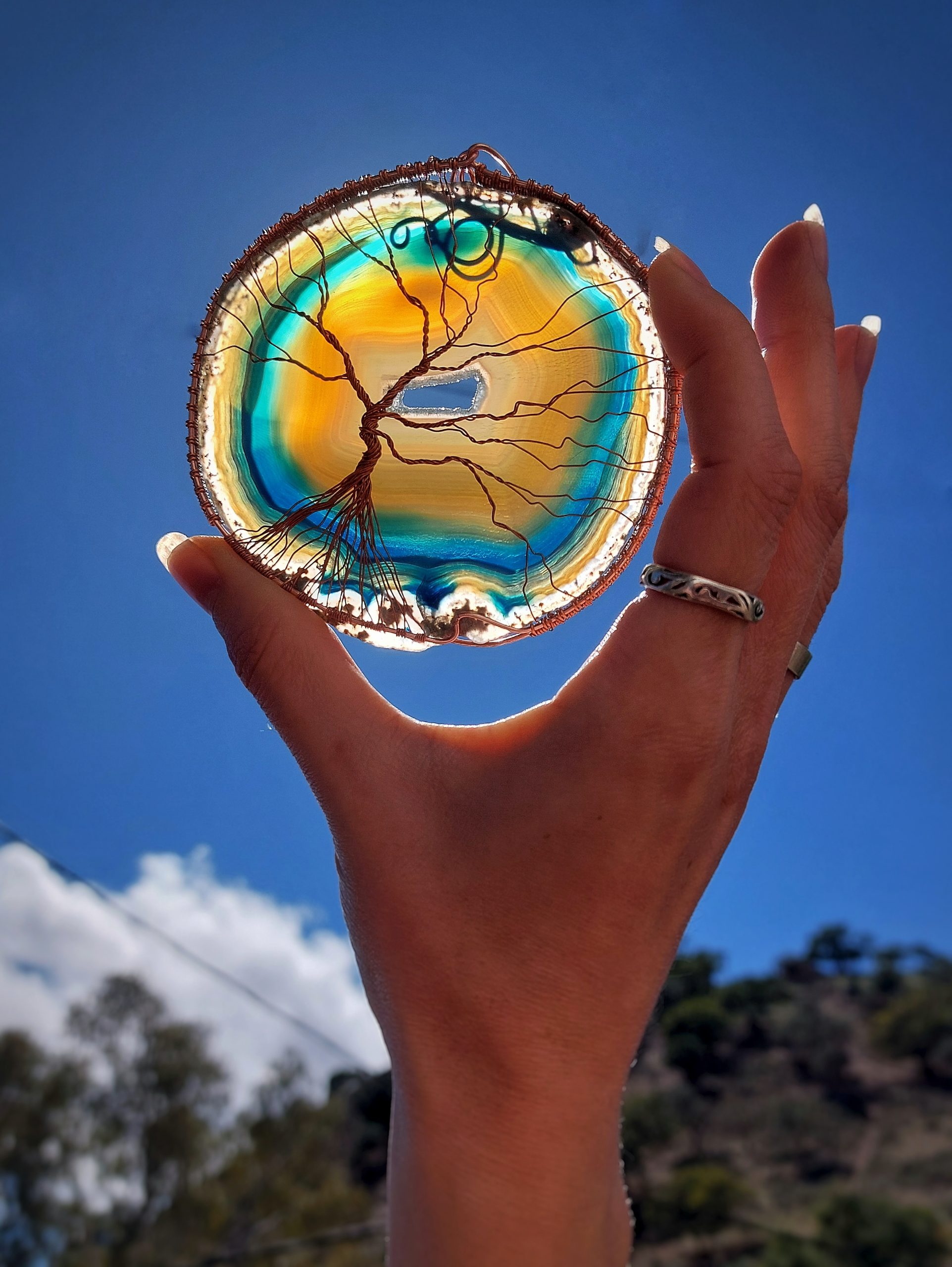 suncatcher tree of life koperdraad wirewrap agaat handgemaakt uniek